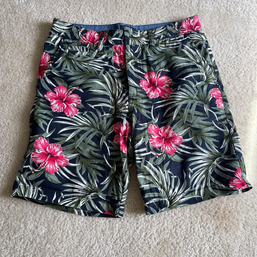 Forever 21 Floral Print Men's Shorts - Pink and Green